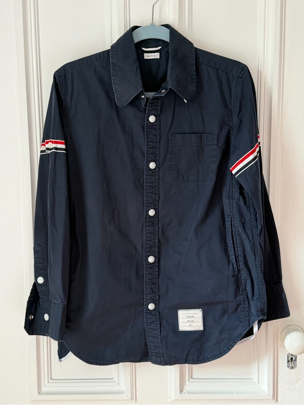 Thom Browne Navy Button Front Grosgrain Trimmed Cotton Poplin Shirt Size 2